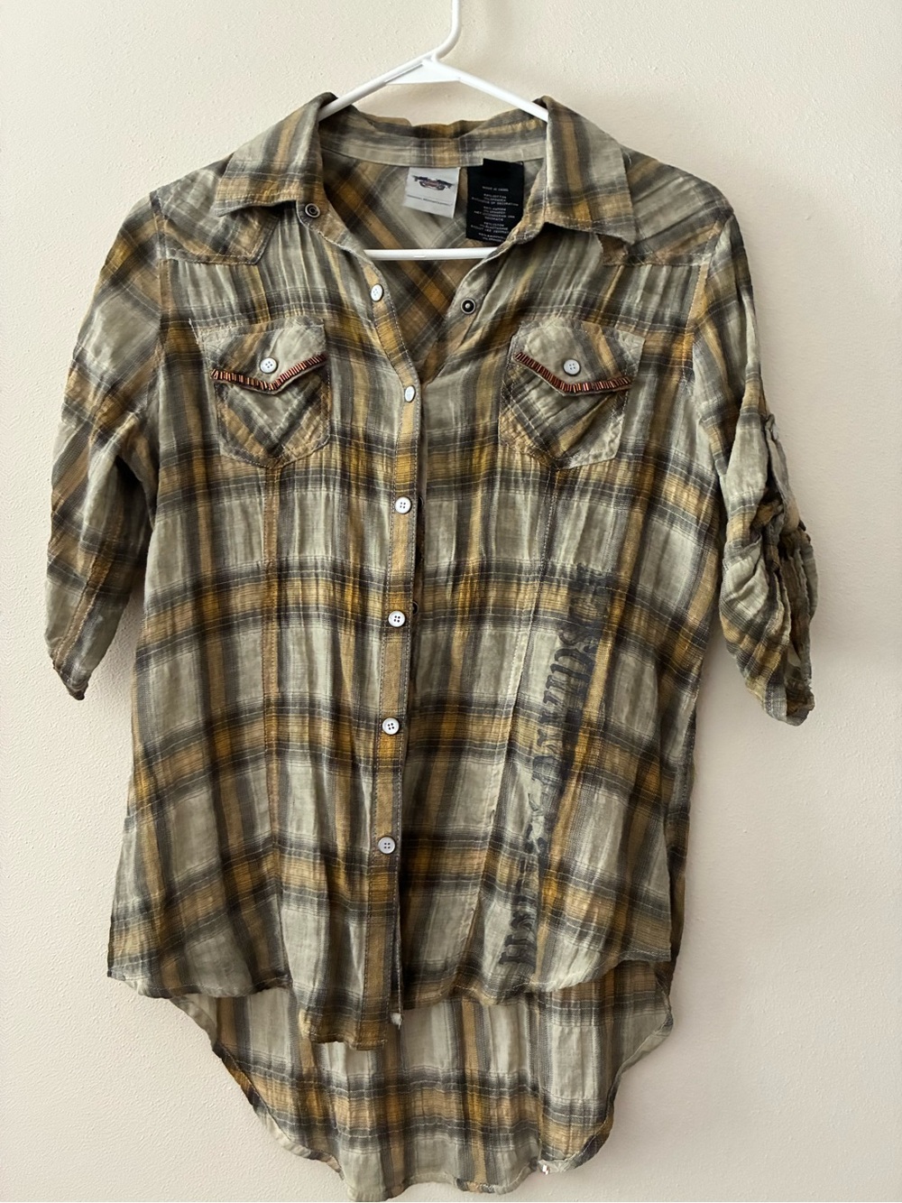 Harley-Davidson Women’s Cotton Plaid Shirt in Mustard & Gray